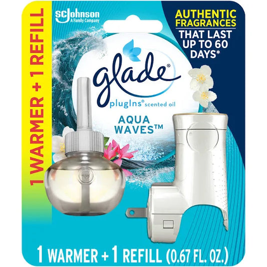 GLADE PLUG IN SCENTED OIL 5PK WARMER & REFILL - AQUA WAVES (SKU #60540)